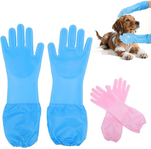 ZESTEFY Hundepflege Handschuhe, 2 stücke Förlängda massagehandskar i silikon für Katzen & Hunde – Fellpflege, Haarentfernung, Baden mit Aufhängbar & Multifunktional (Rosa+Blau)
