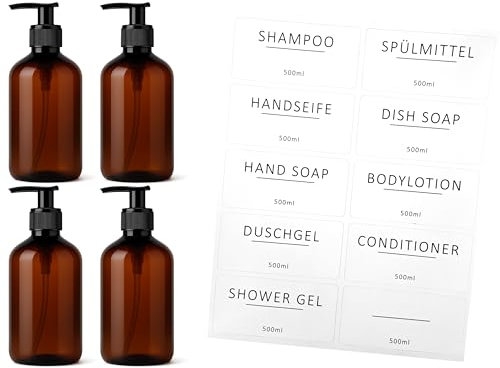 ISOLATECH 4er Set 500ml Badezimmer Seifenspender Flaschen Set mit schwarzer Dosierpumpe - Braune PET Leere Flaschen, Nachfüllbar für Duschgel, Shampoo, Bodylotion - Inkl. 10 Etiketten