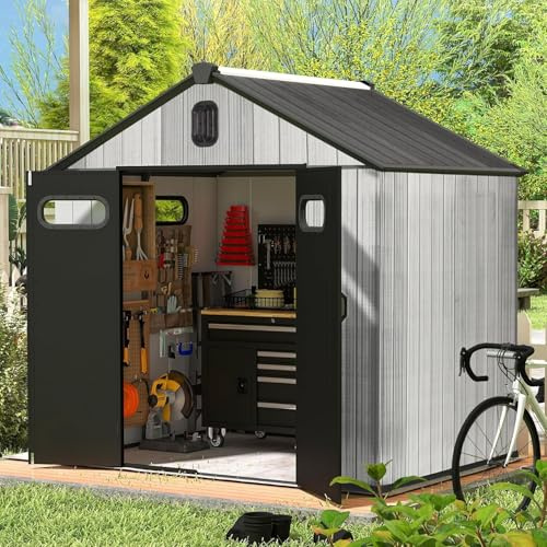 Domi outdoor living Gartenhaus Kunststoff – Wetterfest & UV-beständig, Doppelwand-Konstruktion, abschließbar, mit Dachbelüftung – Gartenschuppen für Fahrräder & Gartengeräte, Grau,2,4 x 2,4 m