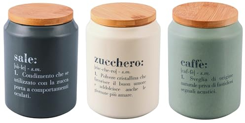 Set 3 barattoli sale, zucchero e caffè 1,1L in ceramica, coperchio in bambù, Victionary