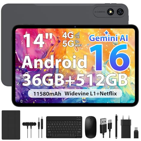 WOREGOO 14 Pollici Android 16 Tablet, 4G LTE e 5G WiFi, Tablet in Offerta Octa-Core, 36GB RAM+512GB ROM (1TB TF), Display 2000x1200, Widevine L1/8+13MP/11580mAh/GMS/GPS, con Tastiera+Mouse(Grigio)
