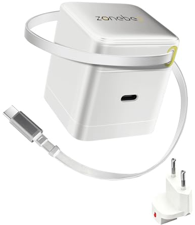 Zonebee 65W GaN Ultra-Fast Charger with Retractable Cable, Dual USB-C Ports, Swappable EU/US Plug for MacBook Air/Pro, iPad, iPhone, Samsung Galaxy, Google Pixel, HP/Dell/Lenovo, Chromebook (white)