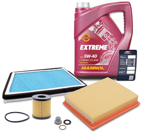 BESTPRICE Inspektionspaket Set A mit 1x Ölfilter, 1x Innenraumfilter, 1x Luftfilter, 1x Ölablassschraube, 1x Ölwechselanhänger + 5l 5W-40 MANNOL EXTREME Motoröl Kompatibel mit PEUGEOT 206