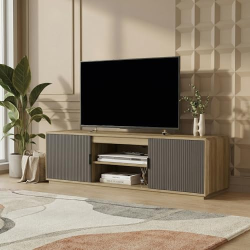 [en.casa] TV Schrank Trömi Lowboard mit 2 Türen Fernsehschrank mit Stauraum 150 x 40 x 43 cm Sideboard Holz Dekor Wohnzimmerschrank Kommode Fernsehtisch Eicheoptik/Grau