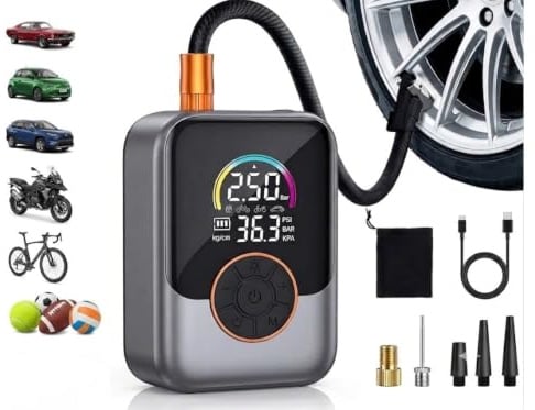 Compressore Aria Portatile 150 PSI - Gonfiatore Elettrico con Schermo LCD a Colori e Spegnimento Automatico | Pompa Portatile Ricaricabile con Luce LED, Manometro per Auto, Moto, Bici e Palla | Schermo Grande a Colori (Display LCD) Pulsantiera di Controllo Circolare, Dimensioni tascabili