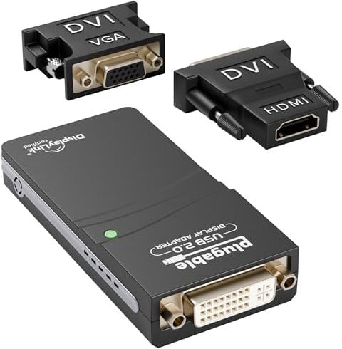 Plugable USB 2.0 to DVI, VGA, or HDMI Multi-Monitor External Video Graphics Card Adapter up to 1920x1080 Supports Windows 11, 10, 8.1, 7, XP, Mac, and ChromeOS