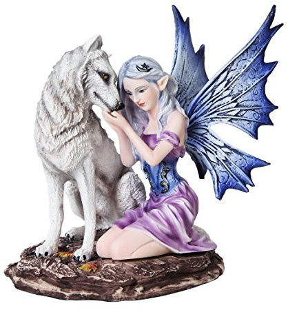 6.75 Inch Blue Winged Fairy with White Wolf Resin Statue Figurine by PTC