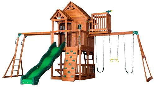 Backyard Discovery Skyfort II Cedar Climbing Frame | Slide & Playhouse | Cedar Wood, Rock Wall, Crow's Nest, Monkey Bars, Wave Slide, Belt Swings, Outdoor Playset For Ages 3-10