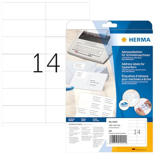 HERMA 4442 Adressetiketten für Schreibmaschinen, 20 Blatt, 105 x 42 mm, 14 pro A4 Bogen, 280 Stück, selbstklebend, bedruckbar, matt, blanko Papier Klebeetiketten Adressaufkleber Etiketten, weiß