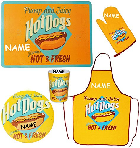 Topfhandschuh - Hot Dogs/Hot & Fresh - incl. Name - mit extra Langen Schaft/Grillhandschuhe - Topfhandschuhe - 100% Baumwolle/Leinen - Retro Vintag..