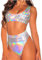 inlzdz Damen Glänzend Bikini Set Badeanzug Wetlook Leder Bauchfrei Tank Top+ Bikinihose Zweiteiler Bademode Reizwäsche Clubwear Silber Medium