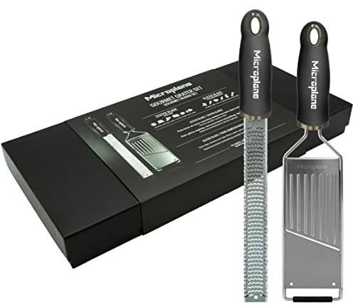 Microplane Set de râpes (Zesteur + Mandoline) pour le parmesan, les agrumes, la noix de muscade, les pommes de terre, les courgettes et les concombres en noir et en inox