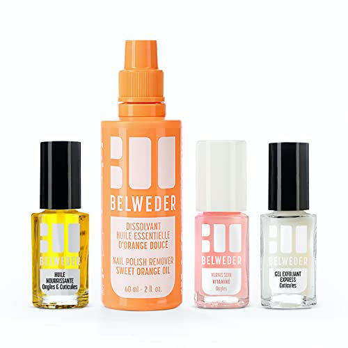 BELWEDER - Nagelpflegeset: Express Maniküre Routine für Zuhause - 7,5ml Gel Nagel Peeling Express + 7,5ml Nagelöl + 7,5ml Nagellack Vitamin Care + 60ml Sanfter Nagellackentferner