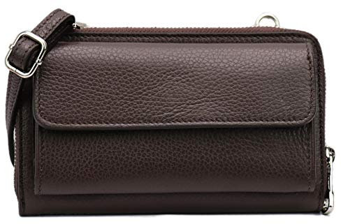 SH Leder Damen Handytasche Umhängetasche Geldbörse Multifunktion Beutel aus Echtleder Verstellbar Schultergurt Handy bis 6,7 Zoll 11,50x19cm Vera G368 (Dunkelbraun)