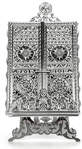 ihvan online Islamisches Metall Koran Box mit Standplatz, Kaaba Tür Motiv, islamische Dekorationen für Haus, Muslim Haus und Tischdekoration, perfekte Islamische Geschenke, Silber