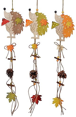 B2S BACK2SEASON Kette mit Igel 3 Stück zu hängen mit Pilz Blättern und Tannenzapfen Holz Herbstdeko Länge 50 cm + 10 cm Hänger 3er Set