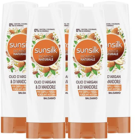 5x Sunsilk Ricarica Naturale Balsamo Fortificante con Olio d'Argan e di Mandorle per Capelli Fragili e Sciupati - 5 Flaconi da 200 ml