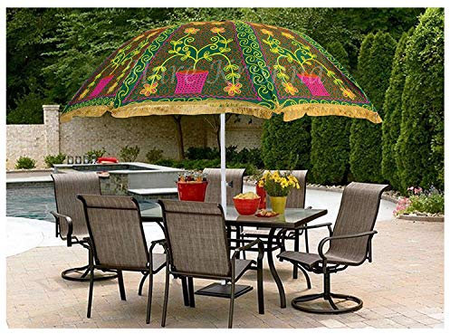 Indian Garden Parasol Umbrella, Patio Parasol Umbrella with 10 Ribs, Beach Umbrella, Decorative Umbrellas for Bridal Shower, Outside Umbrella for Garden, Wedding Party Umbrella (Green Flower Pot)