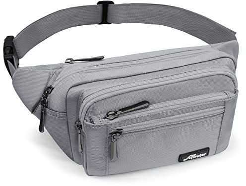 HNOOM Bauchtasche mit Regenhülle Gürteltasche Hüfttasche für Herren und Damen Groß Nylon Fanny Pack mit 5 Reißverschlusstaschen für Outdoor Reisen Sport Wandern Joggen Hundespaziergänge (Grau)
