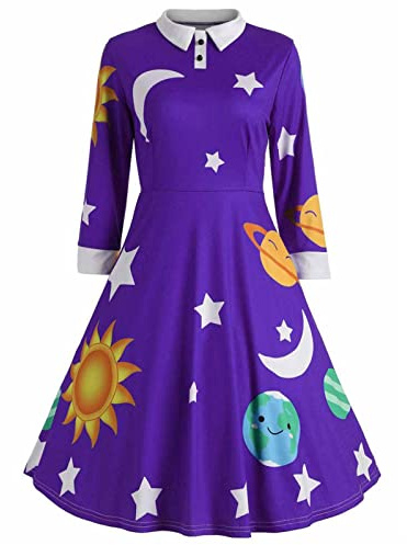 XuanXmy Damen Weihnachtsmode Vintage Kleid Sonne Mond Stern Print Revers Langarm Kleid lila M