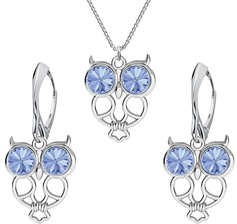 Schmuckset für Damen Ohrringe Silber 925 Hängend Eule Weisheit - Kette Damen mit Anhänger Schmuck Set für Sie mit Kristallen - Ohrringe Hängend und Halskette Mädchen Geschenk Frauen (Light Sapphire)