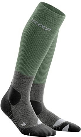 CEP - HIKING MERINO SOCKS REDESIGN für Herren | Knielange Wandersocken mit Kompression | Trekkingsocken für optimale Trittsicherheit in Green/Grey | Größe IV | L