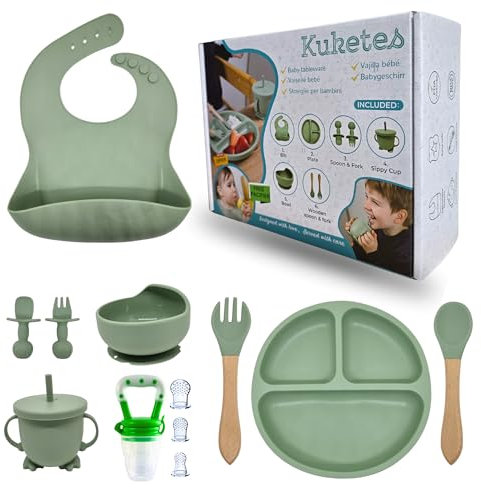 KUKETES Coffret Repas bebe | 12 Pièces |Assiette Ventouse Pour Bébé | Bol Ventouse | Bavoir Silicone Bebe | Couverts Bébés | Vaisselle Silicone Pour apprentissage | CADEAU Tétine grignoteuse bébé