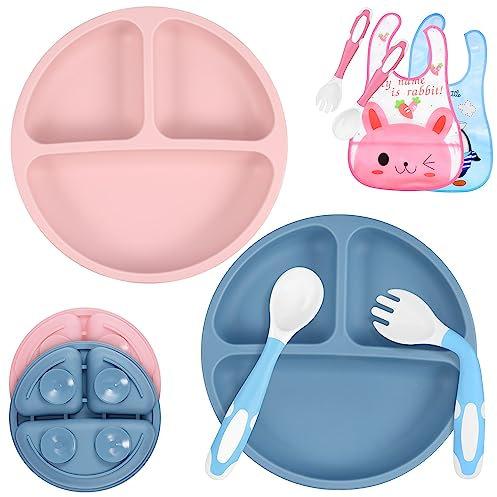 twocolur 2 jeux Assiette Silicone Bébé avec Ventouse, Assiette Bébé Design de Séparation avec Ustensiles et Bavoirs, sans BPA, passe au micro-ondes et au lave-vaisselle, sevrage & alimentation faciles