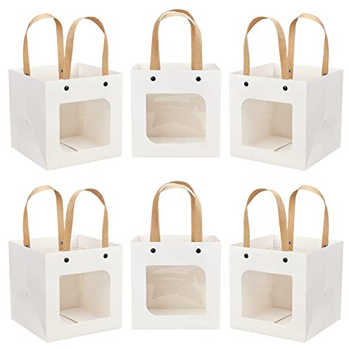 NBEADS 12pz Sacchetti di Carta Bianca Artigianale, 15x15cm Sacchetti Regalo in Carta con Manici Borsa in Carta Kraft per Bomboniere Finestra Quadrata Trasparente per Confezioni di Biscotti Caramelle