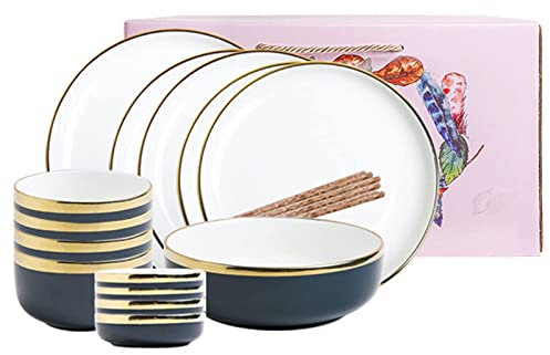 Plate Set,18 Piece Dinnerware Set Service for 4 People,Plates and Bowls Sets,Round Gold Trim Ceramic Dinner Set