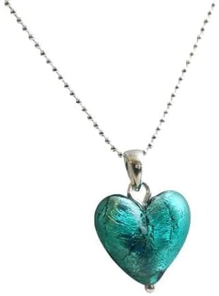 Handgefertigte Herz Halskette aus Sterlingsilber aus blaugrünem Murano glas 45cm - Geburtstagsgeschenk - Valentine's Day - Handgefertigte Geschenkideen für Frauen