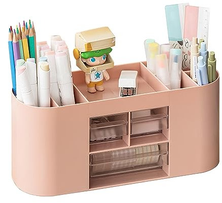 Lvjkes Stiftehalter Aufbewahrungskiste, Schreibtisch organizer 10 Fächer Große Kapazität, Doppelschicht transparente Schublade, Kann Bleistifte, Buntstifte, Verschiedene Schreibwaren aufnehmen (Rosa)