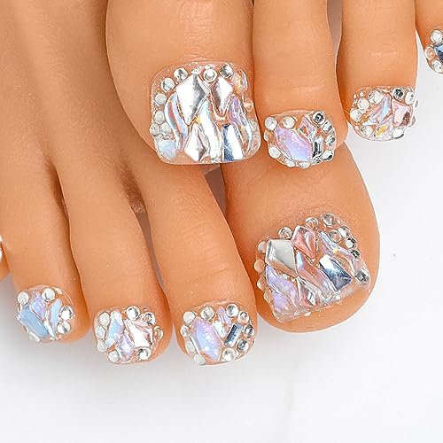Sethexy Square Short False Toenails Handmade Rhinestone Full Cover Press On Toenails Luxury Crystal Fake Toe Nails Acrylic Artificial Stick On Foot Nails Removable for Women and Girls (8)