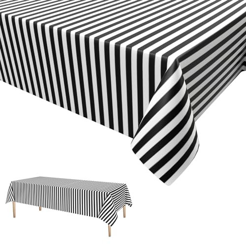 Party Tischdecke Streifen,Schwarz Weiß Streifen Tischdecken Geburtstag Einweg Tischdecke aus Kunststoff Bierbank Tischdecke Kindergeburtstag Dekorationen für Jungen Mädchen 137 * 274cm
