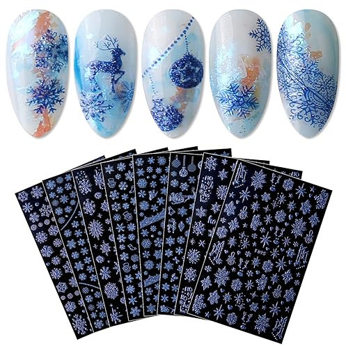 JMEOWIO 8 Sheets Christmas Glitter Nail Art Stickers Decals Self-Adhesive Snowflake Winter Holiday Cute Blue Nail Supplies Nail Art Design Decoration Accessories