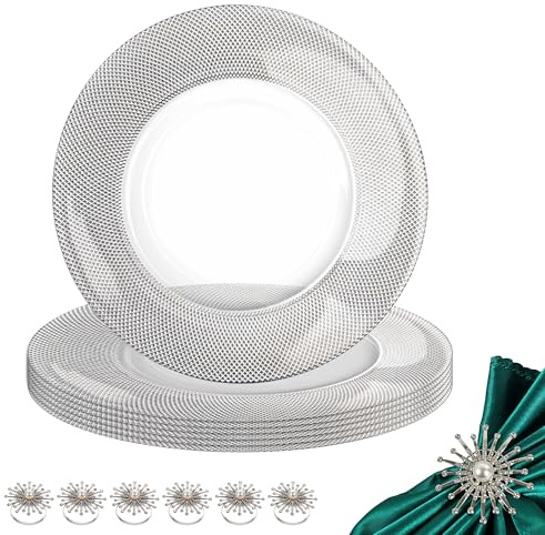 WedDecor Lot de 6 assiettes de présentation en verre transparent de 33 cm avec motif à carreaux argentés et ronds de serviette en perles et strass – Parfaites pour les mariages, les dîners et les
