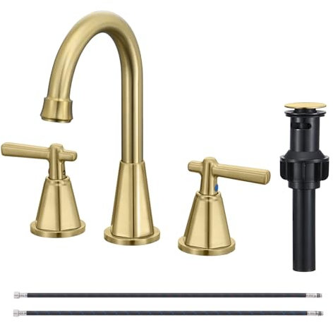 Damomo Basin Faucet, Brushed Gold 8 Inch Widespread Bathroom Faucet for Sink 3 Hole, 2 Handles Sink Faucet with Pop Up Drain and 2 Inlet Hoses for RV Bathroom Vanity