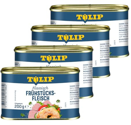 TULIP 4x Schweine-Frühstücksfleisch 200g | leckeres Schweinefleisch in der praktischen recycelbaren Konserve | Schweine-Frühstücksfleisch in der Dose | 86% Schweinefleisch