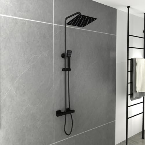 Plumbsys Columna de Ducha Termostática ,Negra Sistema de ducha Termostática,Cuadrado Ducha de lluvia superior de 8In, Conjunto de ducha
