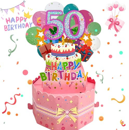 YianHien Geburtstagskarte 50. Frau, Romantik Rosa Pop-Up Karte Geburtstag, Lustige Andenken Geburtstagsgeschenk mit Geburtstagskerzen für Mutter Schwestern Freudin Ehefrau Oma Tante
