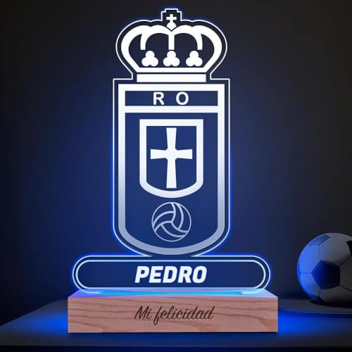 Transparent Gift Lámpara Personalizada Equipos Fútbol. Regalos Originales Cumpleaños Infantiles. Regalos para Hombres, Día del Padre. Diseño Escudo Ovidio de Metacrilato y Madera. Luz LED