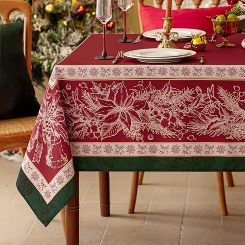 Romanstile Weihnachten Tischdecke rot Blumen 140x180 abwaschbar,wasserabweisend Tischtuch Table Cloth Tischwäsche Weihnachtsdeko für Xmas,Party,Geburtstag,Neujahr,Esstisch,Silvester,Restaurant,Feste