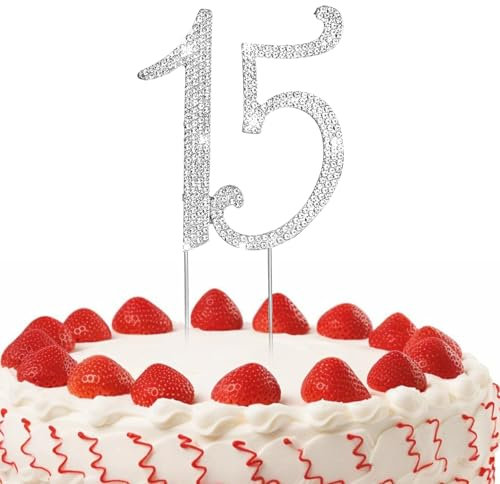 Kuchen Topper Strass 15 Zahl Kuchendeckel Kuchendekoration für Erwachsene Zeremonie Jahrestag Geburtstag Party Zubehör Geburtstags Tortendeko Cake Topper 15th Happy Birthday (Silber)