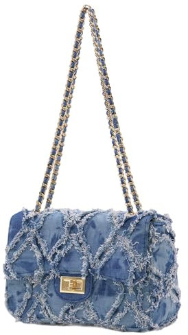 Milisente Damen Clutch Quiltmuster Jeanstasche Elegante Schultertasche Handtasche Umhängetasche mit Kette(Denim Blau)