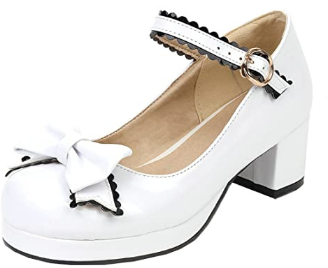 MISSUIT Damen Lack Mary Jane Blockabsatz Pumps mit Plateau Riemchen Schleife Geschlossen Rockabilly Schuhe