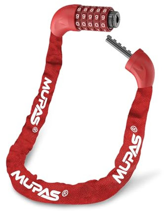 MUPAS Fahrradschloss mit 5 stellig,Fahrrad Zahlenschloss aus Gehärtetem Stahl,Anti-Diebstahl Fahrradkette Schloss mit Kombination,Bike Accessories Bicycle Lock für Tür, Grill, Fahrrad (Rot)