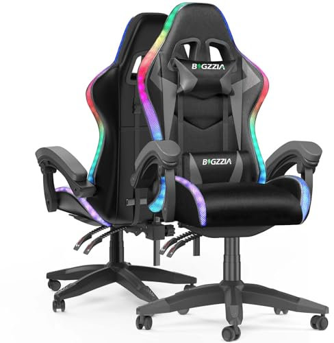 Racingreat Gaming Chair, Video Game Chair, Ergonomic Gaming Chair for Adults, Height Adjustable Reclining Computer Chair with Headrest and Lumbar Support (With RGB, Grey)