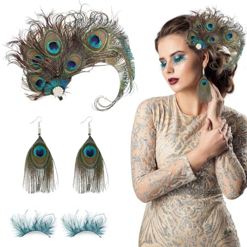 Pfau Kostüm Damen, Pfauenfedern Haarschmuck + Pfauenfedern Wimpern + Pfauenfeder Ohrringe, Pfau Kopfschmuck, Retro 20er Jahre Accessoires für Damen Karneval Fasching Halloween Mottoparty Cosplay