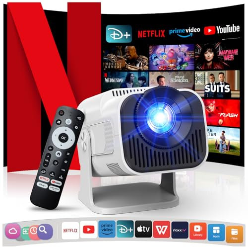 [Netflix Oficial/Dolby Audio] 4K Proyector con WiFi y Bluetooth, 1080P Nativo Mini proyector Portátil, One-Click Use Netflix/Youtube/PrimeVideo/D+ Integrados, Smart Home Outdoor Proyector Blanco