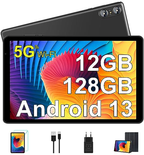 SEBBE Tablet 10 Pulgadas Android 13 Tablet PC 12GB RAM + 128GB ROM/TF 1TB Octa-Core 2.0 GHz, | 5G WiFi | Bluetooth 5.0 | 1280 * 800 Pixels | 6000mAh | 5MP+8MP, Tablet con Funda - Negro